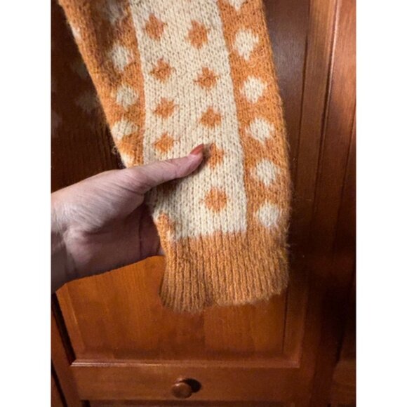 Vintage 70s Wool Knit Cardigan Zip Sweater Nordic Geometric Tan Cream XL - Picture 4 of 8